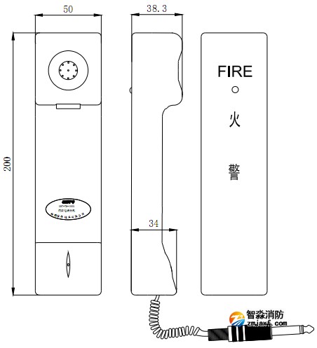 GST-TS-100B 型消防电话分机外形尺寸及结构示意图